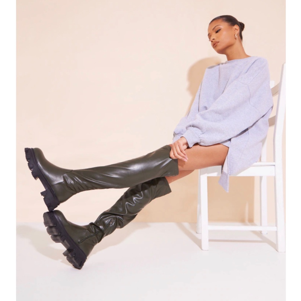 Khaki PU Over the Knee Boots